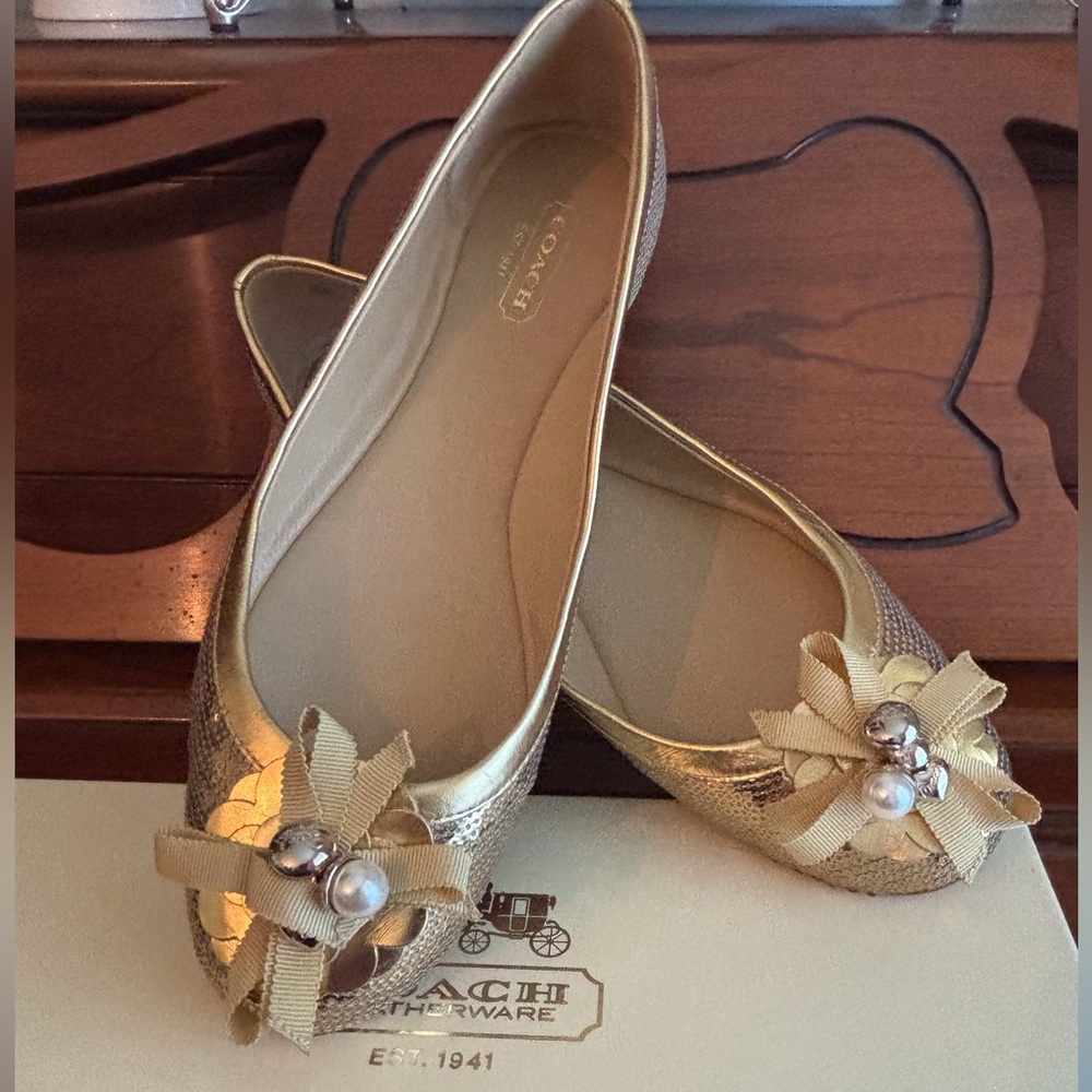 Coach Abigail Gold Sequins Flats with Bow and Pearl Accents